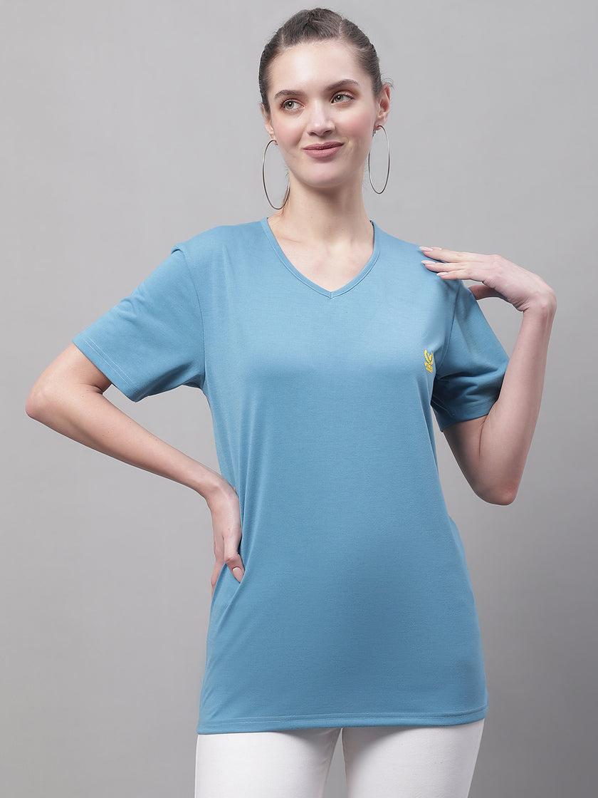 Mack Jonney V Neck Cotton Solid Blue T-Shirt for Women