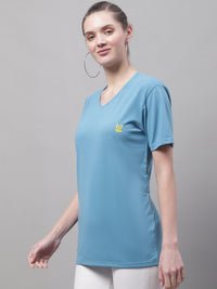 Mack Jonney V Neck Cotton Solid Blue T-Shirt for Women