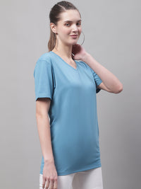 Mack Jonney V Neck Cotton Solid Blue T-Shirt for Women