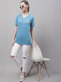 Mack Jonney V Neck Cotton Solid Blue T-Shirt for Women