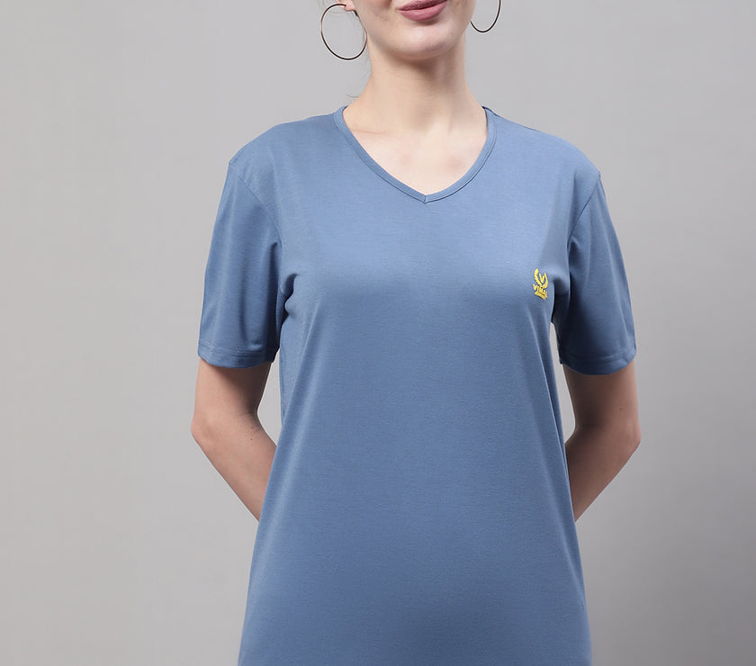 Mack Jonney V Neck Cotton Solid Dark Grey T-Shirt for Women
