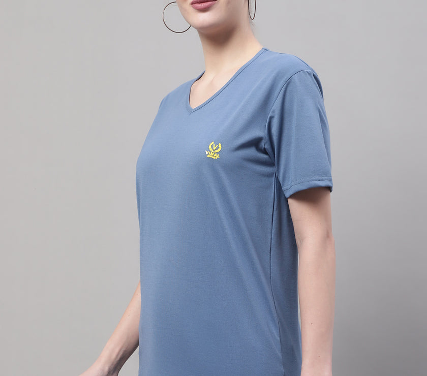 Mack Jonney V Neck Cotton Solid Dark Grey T-Shirt for Women