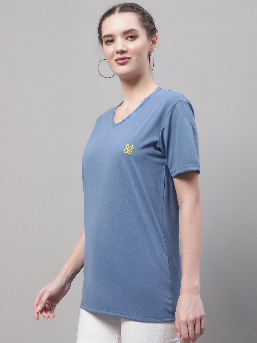 Mack Jonney V Neck Cotton Solid Dark Grey T-Shirt for Women