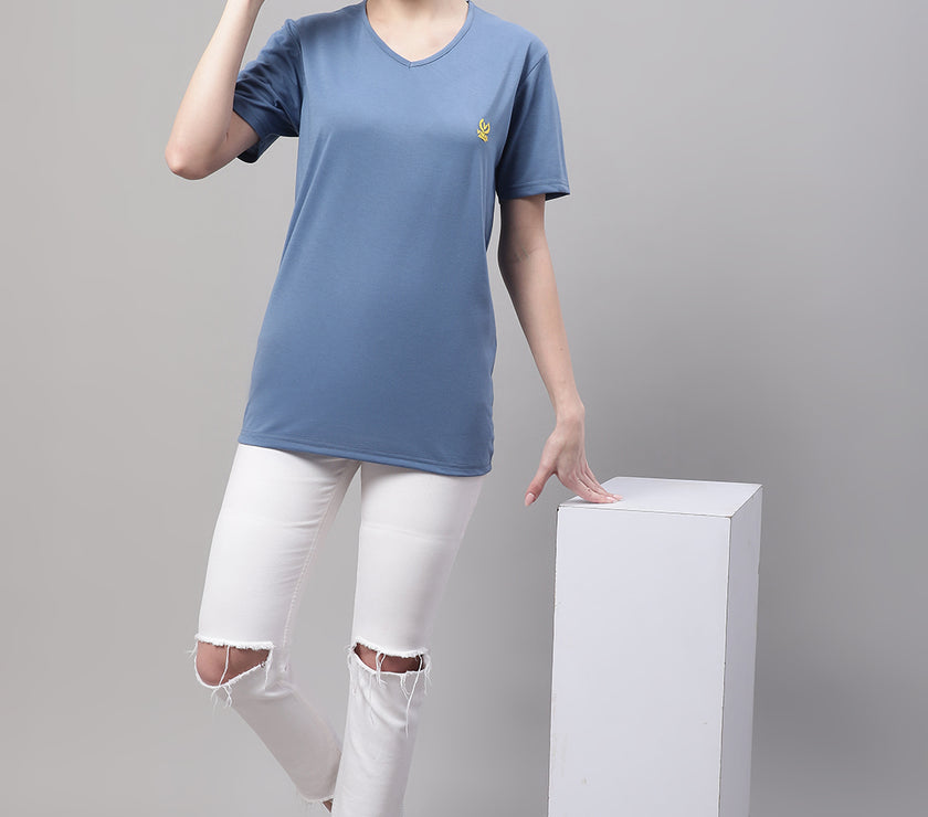 Mack Jonney V Neck Cotton Solid Dark Grey T-Shirt for Women