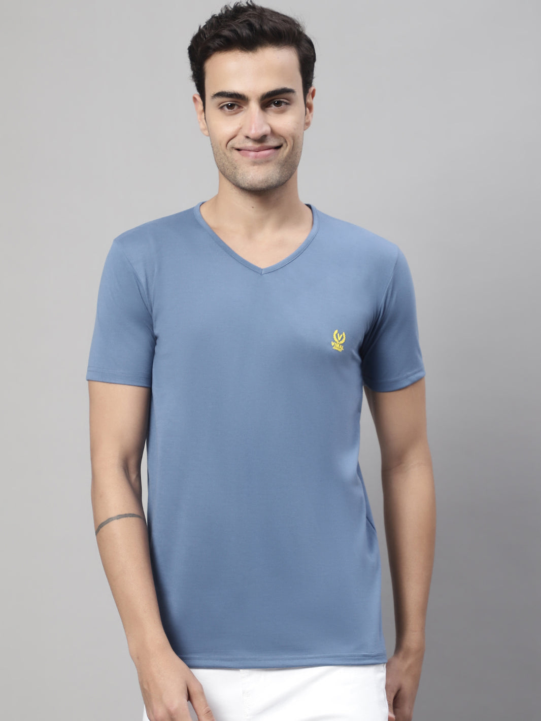 Mack Jonney V Neck Cotton Solid Dark Grey T-Shirt for Men