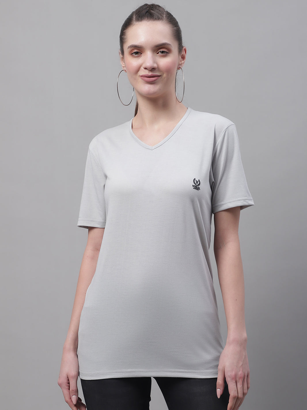 Mack Jonney V Neck Cotton Solid Light Grey T-Shirt for Women