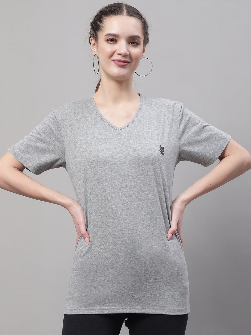 Mack Jonney V Neck Cotton Solid Grey Melange T-Shirt for Women