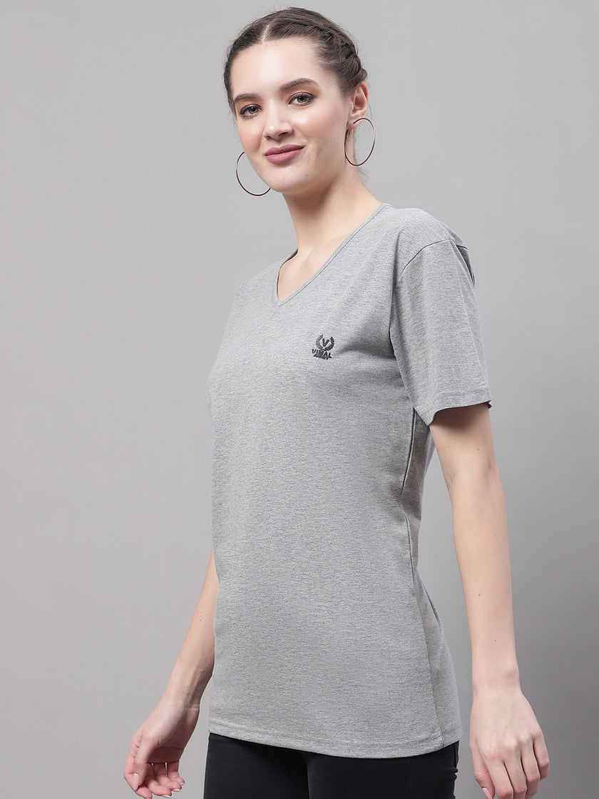 Mack Jonney V Neck Cotton Solid Grey Melange T-Shirt for Women