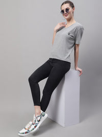 Mack Jonney V Neck Cotton Solid Grey Melange T-Shirt for Women