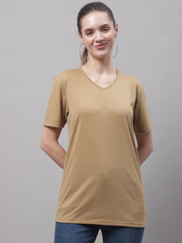 Mack Jonney V Neck Cotton Solid Mud T-Shirt for Women