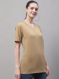 Mack Jonney V Neck Cotton Solid Mud T-Shirt for Women