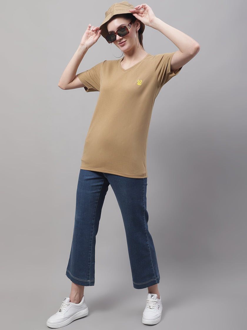 Mack Jonney V Neck Cotton Solid Mud T-Shirt for Women