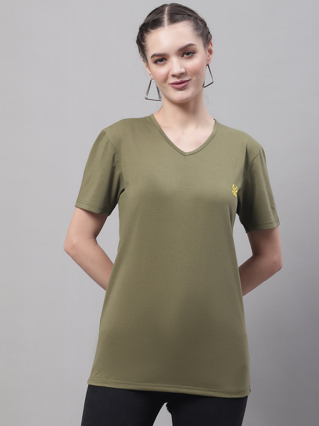 Mack Jonney V Neck Cotton Solid Olive T-Shirt for Women