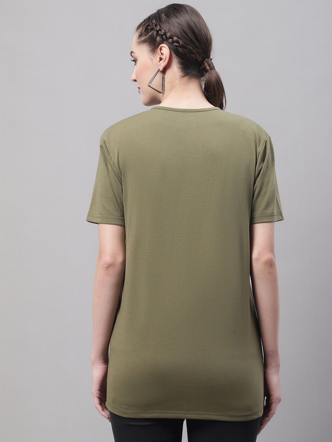 Mack Jonney V Neck Cotton Solid Olive T-Shirt for Women