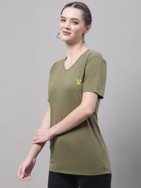 Mack Jonney V Neck Cotton Solid Olive T-Shirt for Women