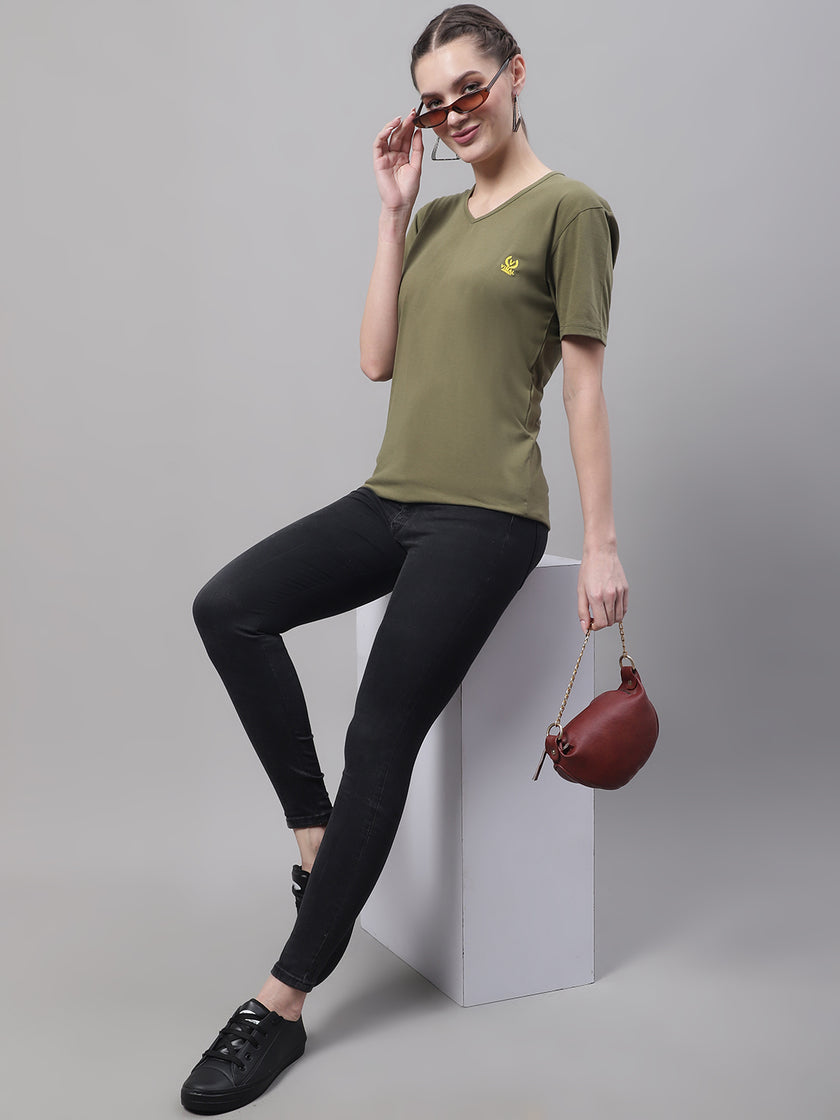 Mack Jonney V Neck Cotton Solid Olive T-Shirt for Women