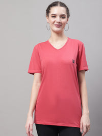 Mack Jonney V Neck Cotton Solid Pink T-Shirt for Women