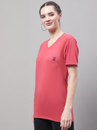 Mack Jonney V Neck Cotton Solid Pink T-Shirt for Women