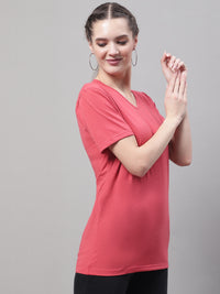 Mack Jonney V Neck Cotton Solid Pink T-Shirt for Women