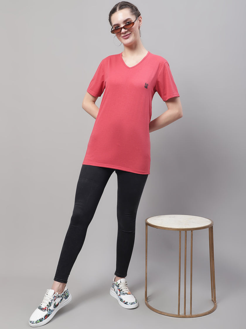 Mack Jonney V Neck Cotton Solid Pink T-Shirt for Women