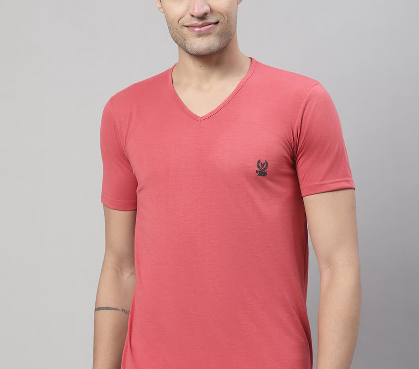 Mack Jonney V Neck Cotton Solid Pink T-Shirt for Men