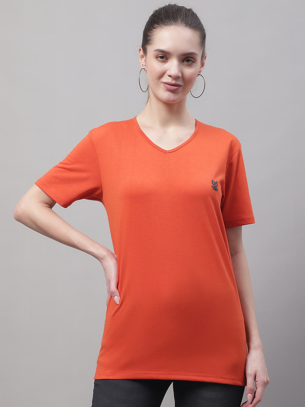 Mack Jonney V Neck Cotton Solid Rust T-Shirt for Women