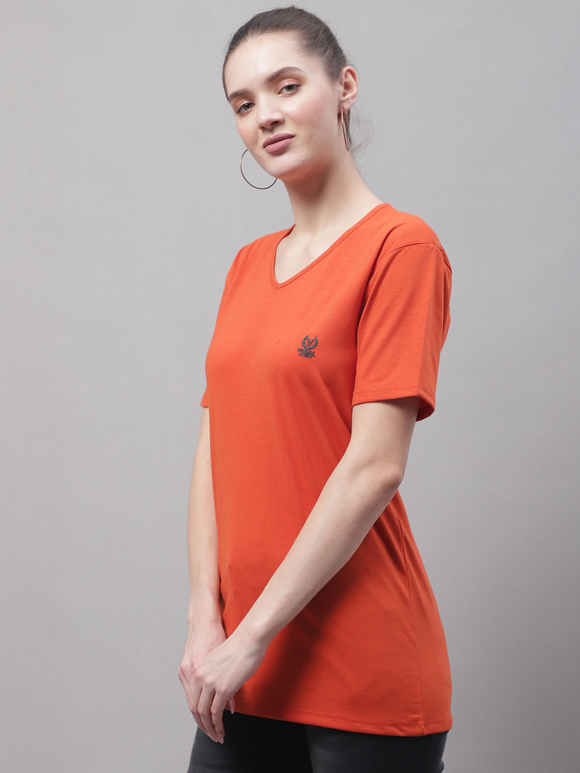 Mack Jonney V Neck Cotton Solid Rust T-Shirt for Women