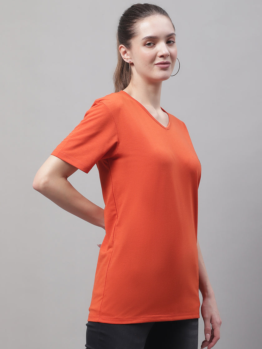 Mack Jonney V Neck Cotton Solid Rust T-Shirt for Women