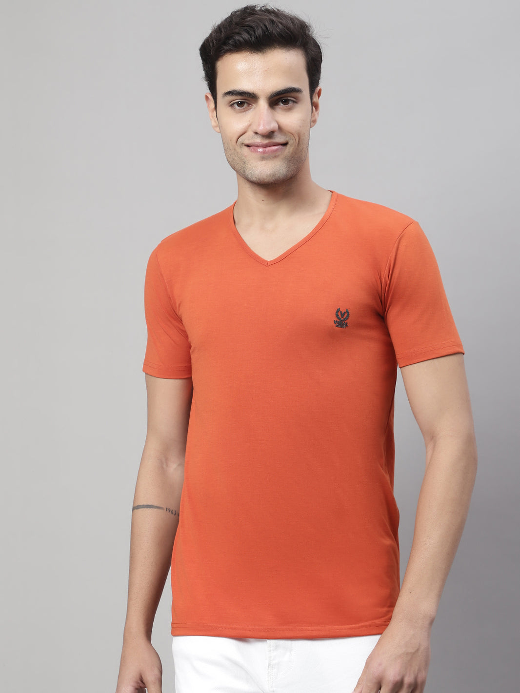 Mack Jonney V Neck Cotton Solid Rust T-Shirt for Men