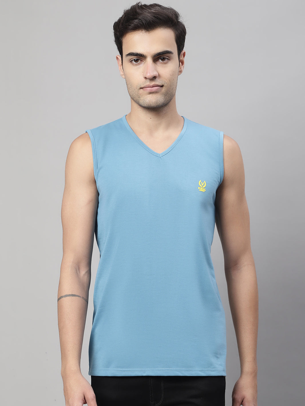 Mack Jonney Regular Fit Cotton Solid Blue Gym Vest for Men