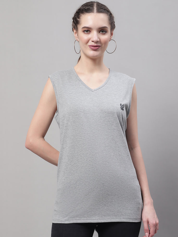Mack Jonney Regular Fit Cotton Solid Grey Melange Gym Vest for Women