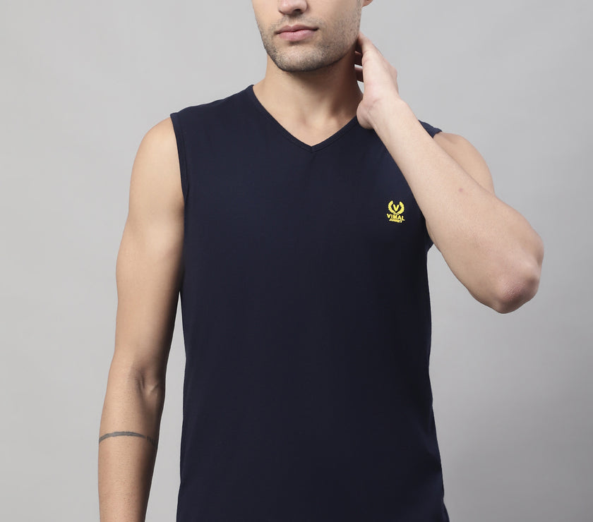 Mack Jonney Regular Fit Cotton Solid Navy Blue Gym Vest for Men