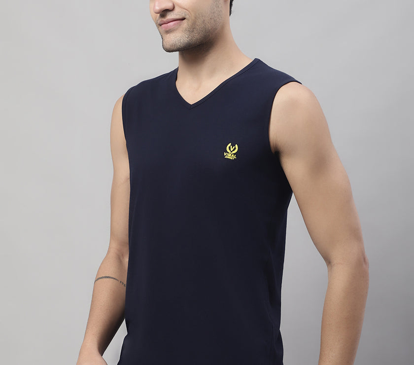Mack Jonney Regular Fit Cotton Solid Navy Blue Gym Vest for Men