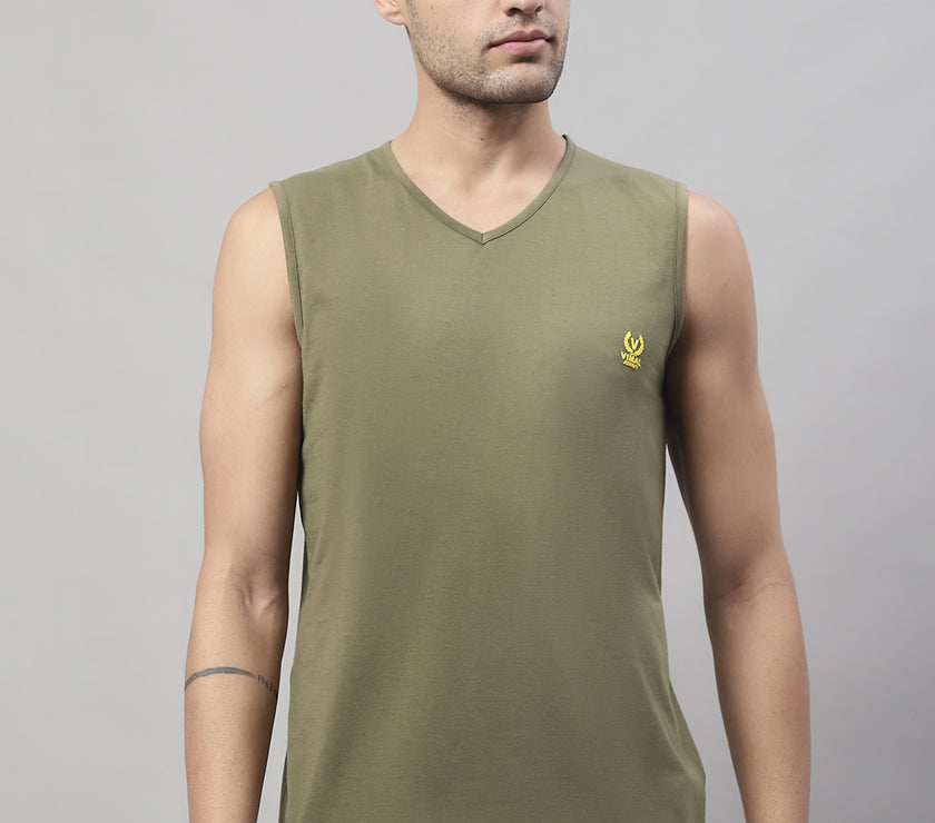 Mack Jonney Regular Fit Cotton Solid Olive Gym Vest for Men