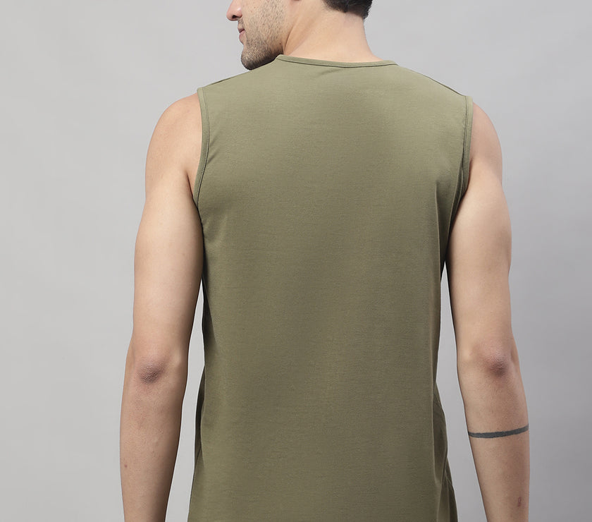 Mack Jonney Regular Fit Cotton Solid Olive Gym Vest for Men