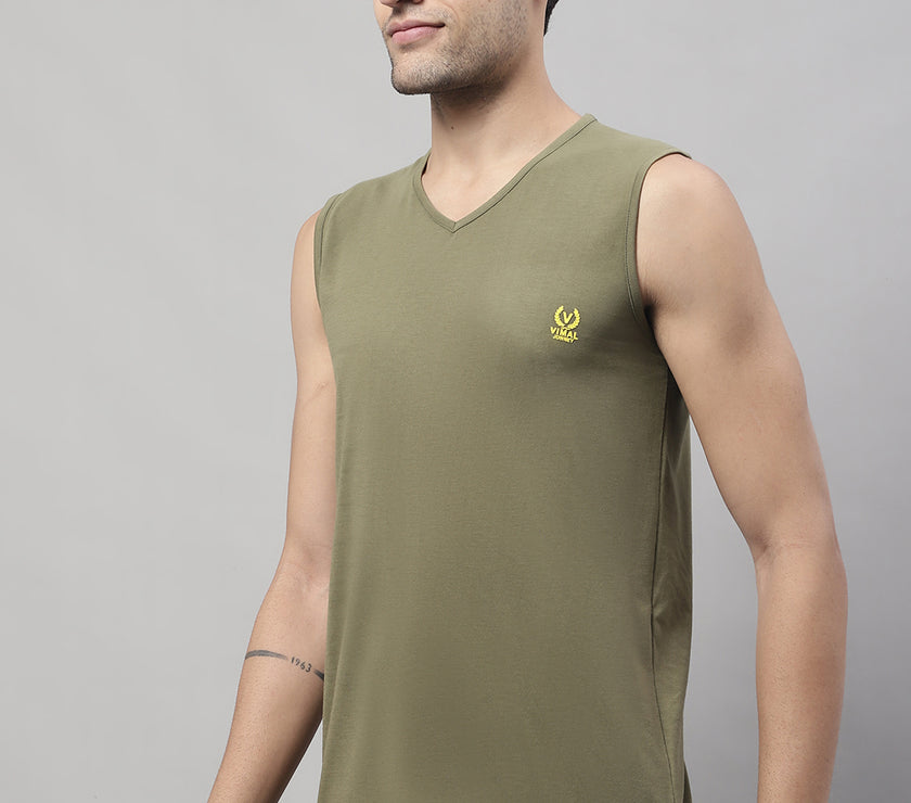 Mack Jonney Regular Fit Cotton Solid Olive Gym Vest for Men