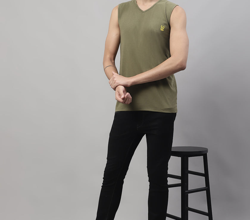 Mack Jonney Regular Fit Cotton Solid Olive Gym Vest for Men
