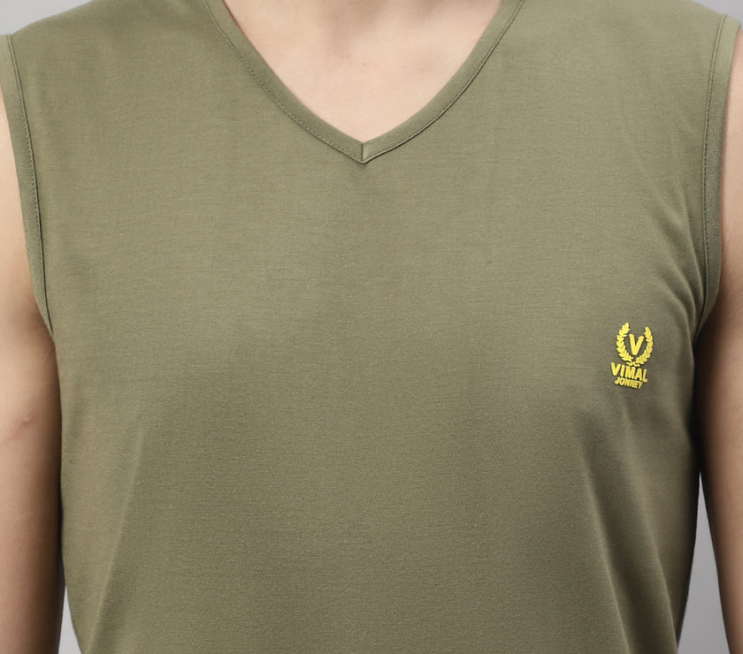 Mack Jonney Regular Fit Cotton Solid Olive Gym Vest for Men