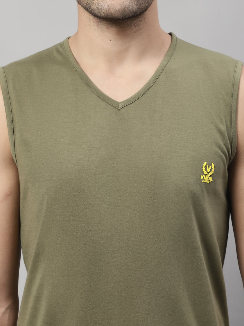 Mack Jonney Regular Fit Cotton Solid Olive Gym Vest for Men