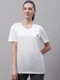 Mack Jonney V Neck Cotton Solid White T-Shirt for Women