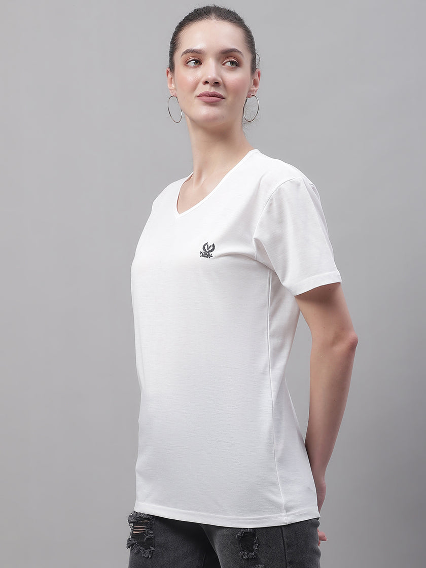 Mack Jonney V Neck Cotton Solid White T-Shirt for Women