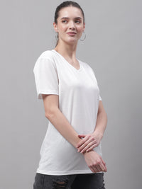 Mack Jonney V Neck Cotton Solid White T-Shirt for Women