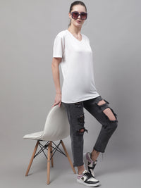 Mack Jonney V Neck Cotton Solid White T-Shirt for Women