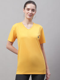 Mack Jonney V Neck Cotton Solid Yellow T-Shirt for Women