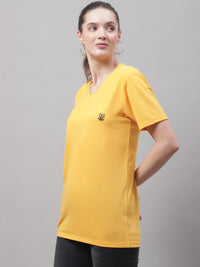 Mack Jonney V Neck Cotton Solid Yellow T-Shirt for Women