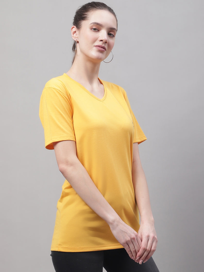 Mack Jonney V Neck Cotton Solid Yellow T-Shirt for Women