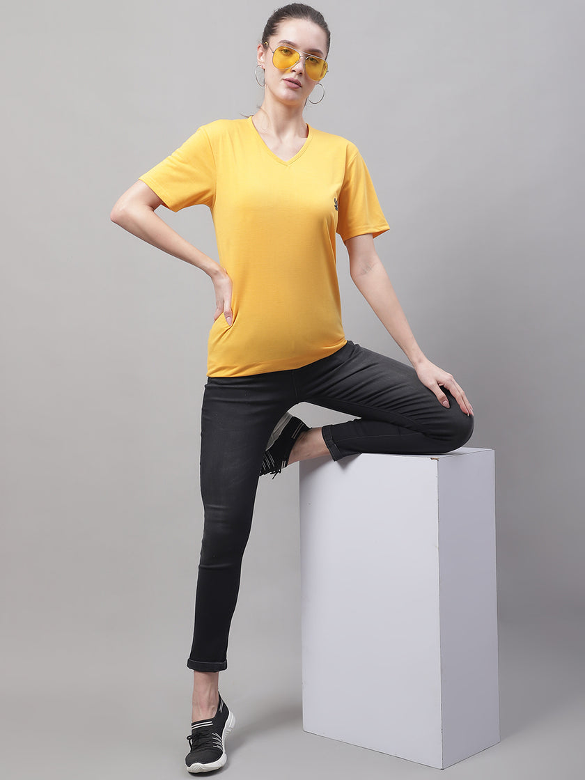 Mack Jonney V Neck Cotton Solid Yellow T-Shirt for Women