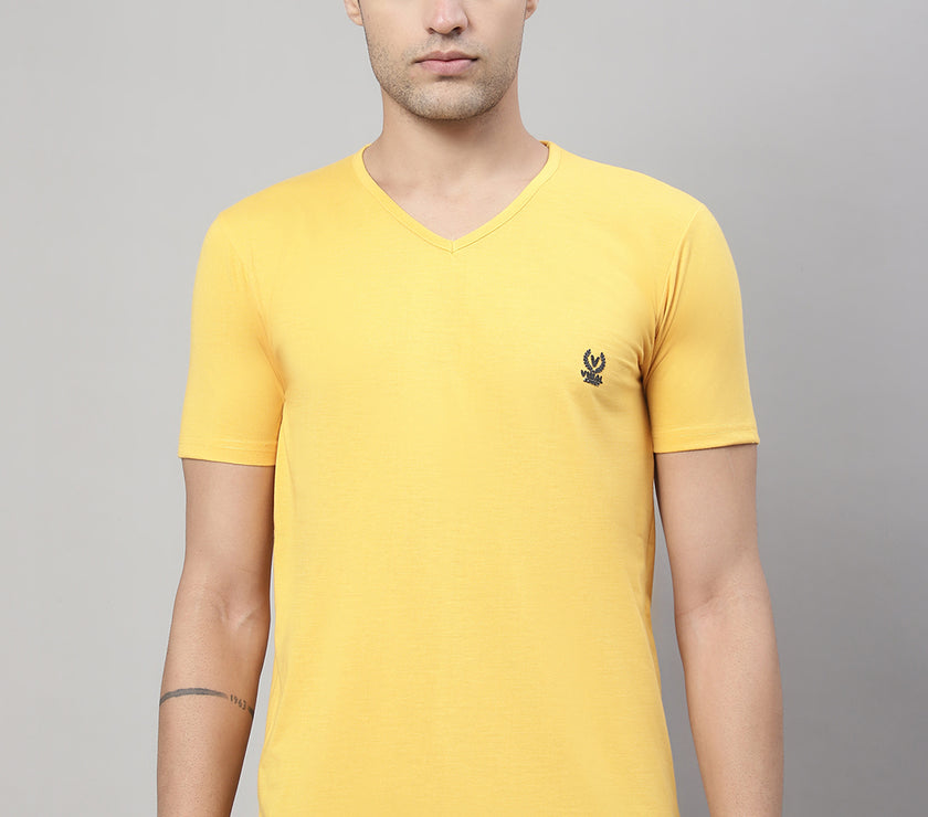 Mack Jonney V Neck Cotton Solid Yellow T-Shirt for Men