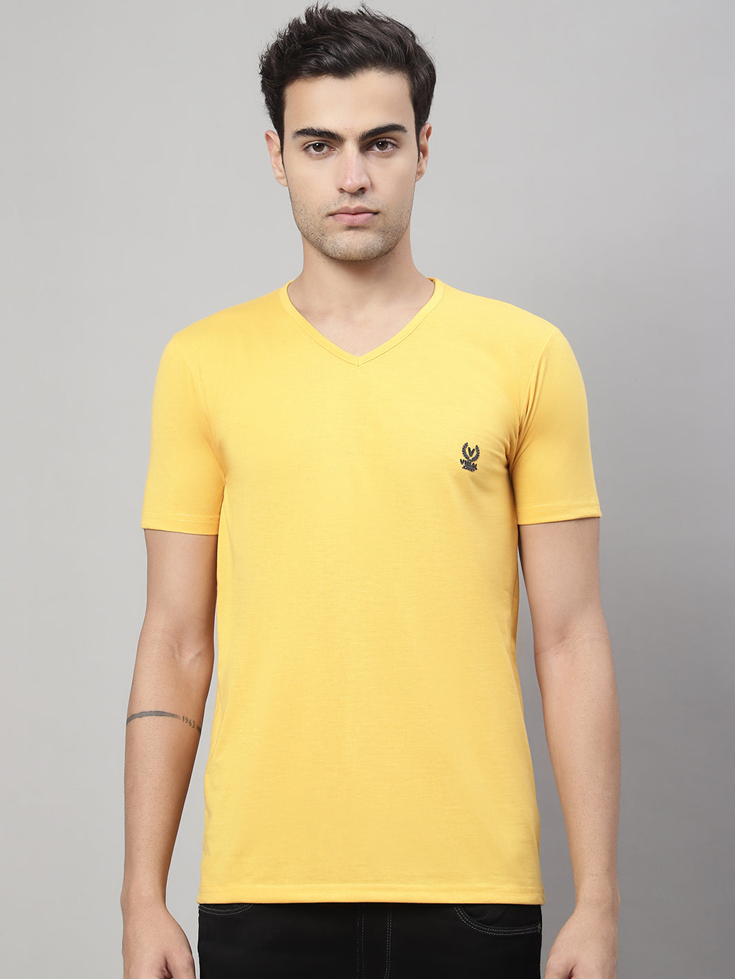 Mack Jonney V Neck Cotton Solid Yellow T-Shirt for Men