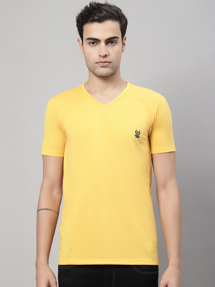 Mack Jonney V Neck Cotton Solid Yellow T-Shirt for Men